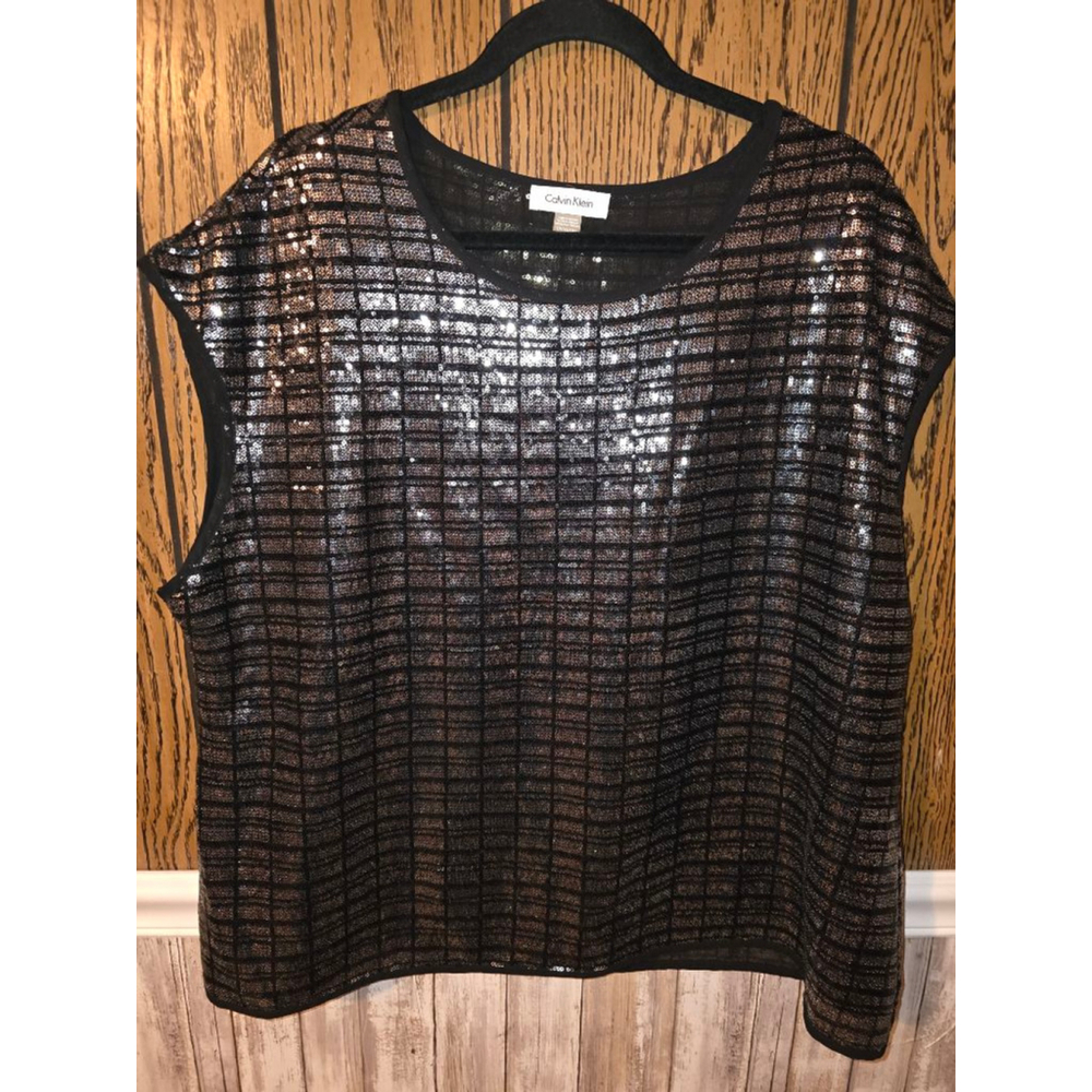 Women's Calvin Klein Plus 1X Black Silver Sequin Top NWOT